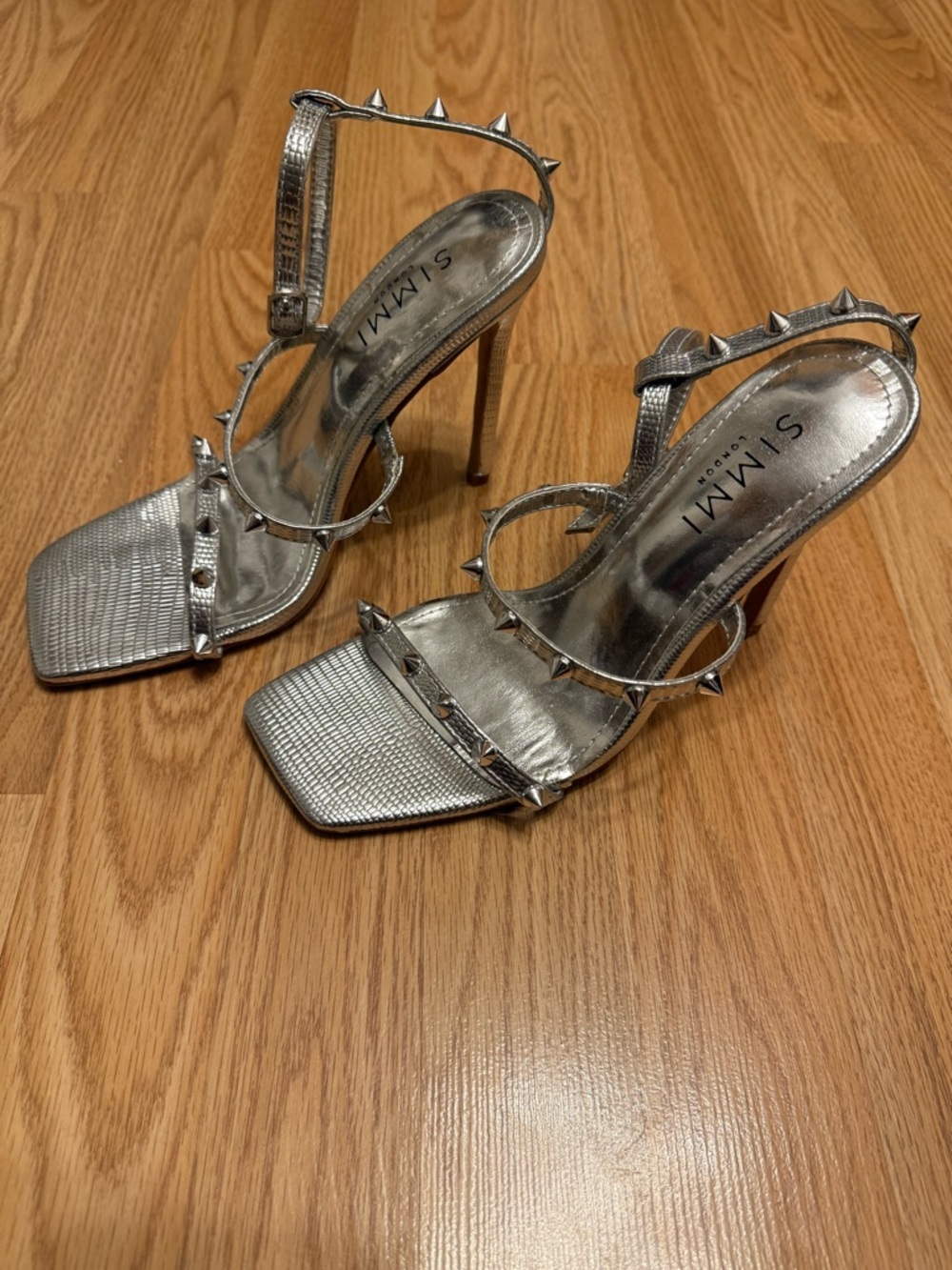 SIMMI LONDON // Silver Spike Strappy Heels - Size 6.5